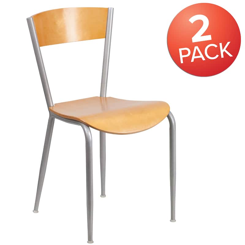 2 Pack Metal Restaurant Chair - Wood Back & Seat - 16.75"W x 20"D x 32.25"H - 16.75"W x 20"D x 32.25"H - Natural Wood Seat/Silver Frame
