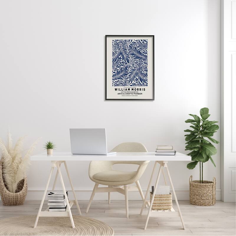 Stupell Blue Floral Leaves Botanical Pattern Exhibition Flyer Framed Wall Art
