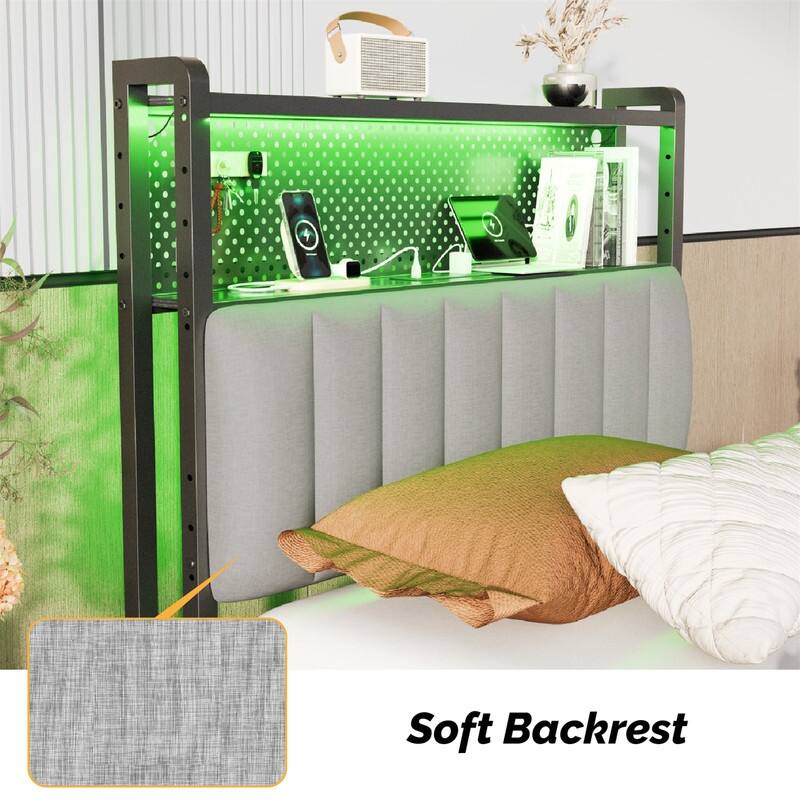 Adjustable Upholstered Headboard with 2 Tier Shelves with Charging Stations and LED Lights, Modern Bed Headboard with Storage
