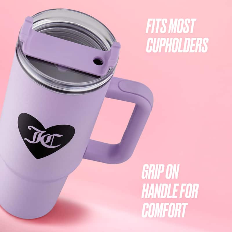 Juicy Couture Jetsetter Hydration Stainless Steel Tumbler with Handle and Straw With Topper
