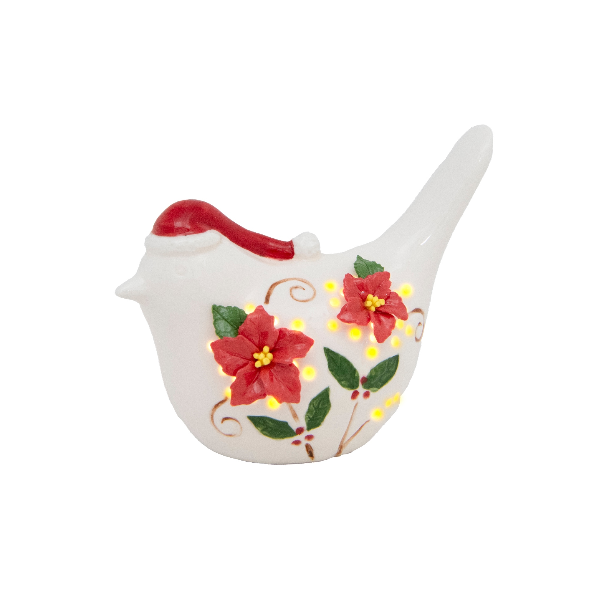 LED Porcelain Bird with Poinsettia