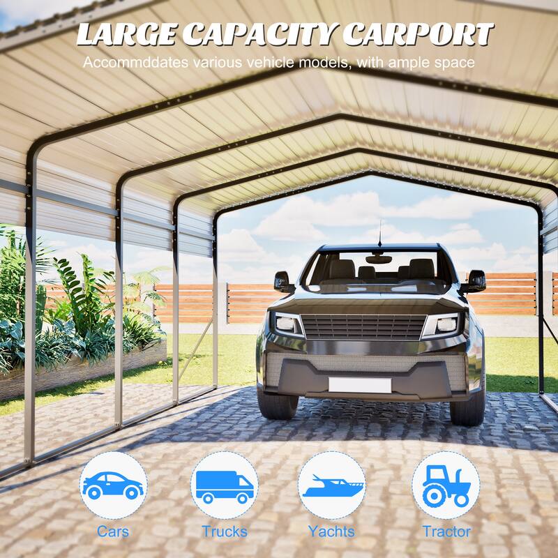 GDFStudio - Penman Heavy-duty Galvanized Steel Hardtop Carport with Upgraded Triangle Reinforced Frame for Outdoor Storage