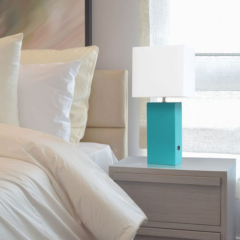 Modern Leather Table Lamp with USB and White Fabric Shade