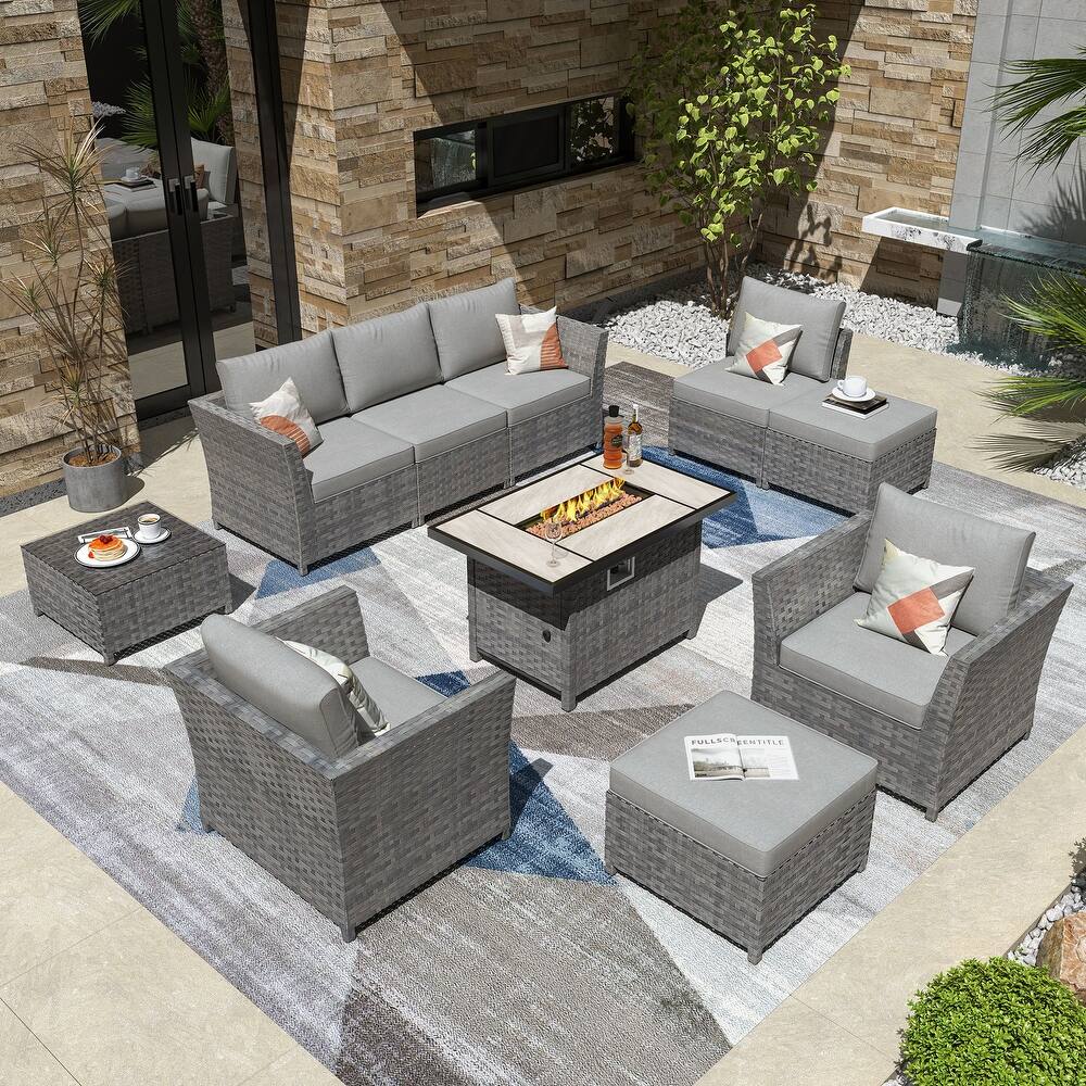 HOOOWOOO 10-piece Outdoor Furniture Rattan Sectional Set with Fire Pit Table.