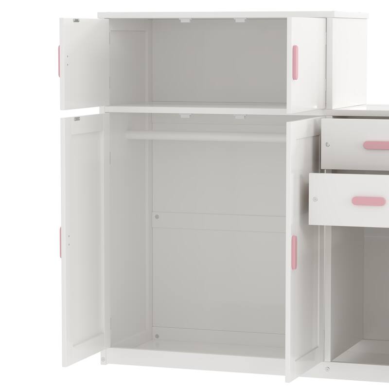 Twin Size Platform Bed with Bookshelf, Movable Wardrobe, Storage Cabinet, Drawer and Pull-out Trundle Bed, Wood Daybed Frame