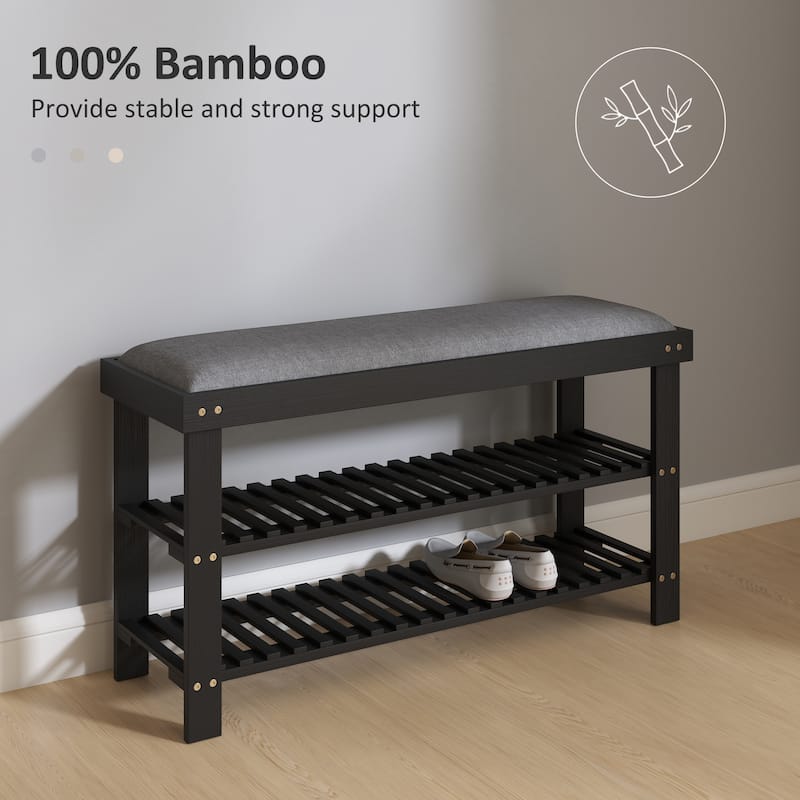 Entryway Storage Bench Bamboo Frame 2 Tier Shoe Rack with Cushion