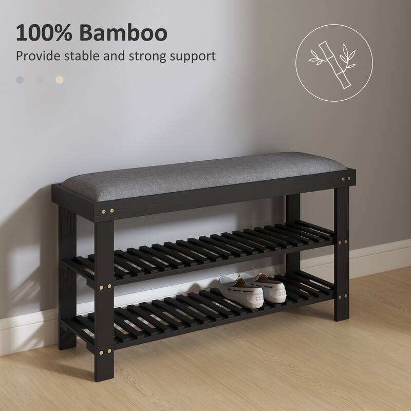 HOMCOM Bamboo Shoe Bench, 3-Tier Entryway Bench with Storage and Cushion, Shoe Organizer for Entryway, Hallway