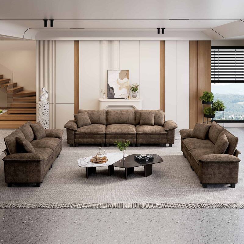 MAISON ARTS Modular Living Room Sofa Set, Comfy 5/6/7-Seat Sectional Couch with 3-Seater, Loveseat or Armchair - Brown Chenille(7 Pieces) - Reversible