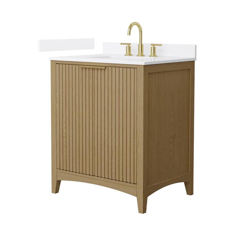Wyndham Collection WCF9191-30S-QTZ-US3MXX Palmilla 30" Free Standing - Natural Oak / White Quartz Top / Brushed Gold