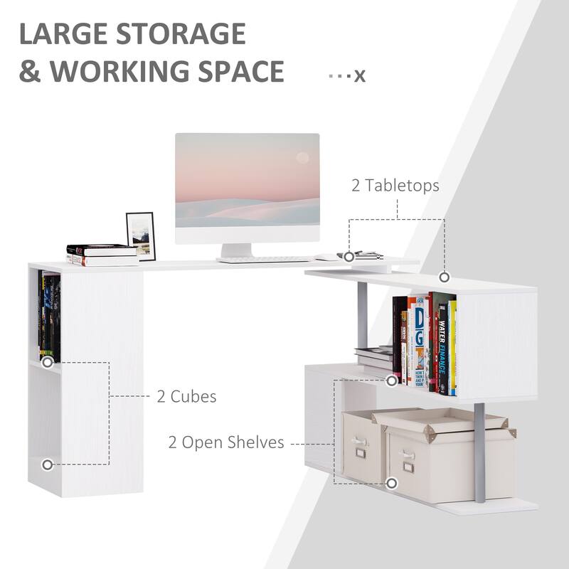 Modern 55" L-Shaped Desk with 360掳 Rotating Design, Storage Shelves, and Bookshelf for Home Office