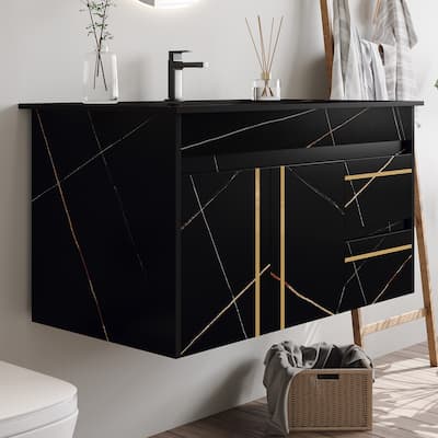 35.4" Floating Single Bathroom Vanity with Faux Marble Top and Sink - 35'4" x 19'7"