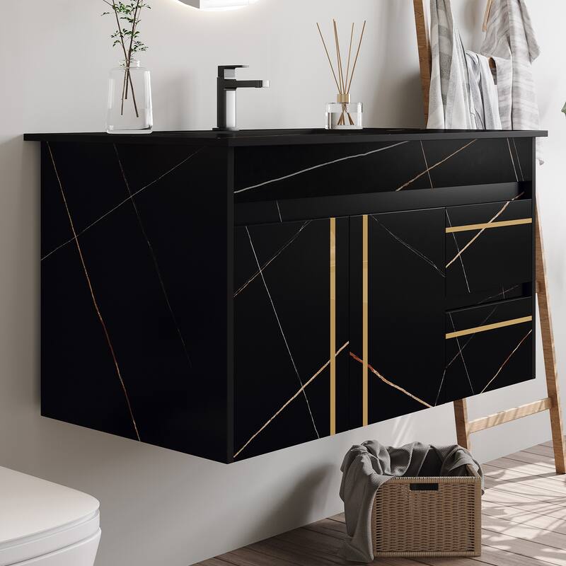 GDFStudio - Luxury 35.4" Floating Wall-Mounted Sintered Stone Bathroom Vanity with Ceramic Sink & Soft-Close Drawers - 35.5"