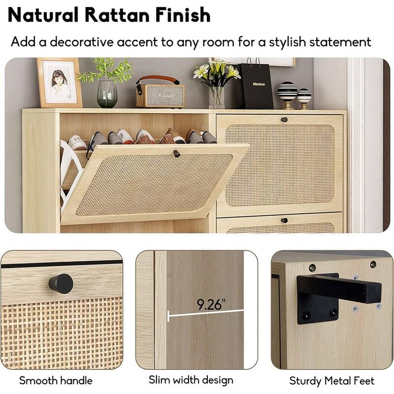 Boho Shoe Cabinet with 3 Rattan Flip Drawers, Free Standing Wood Entryway Shoe Rack, Hallway Shoe Organizer