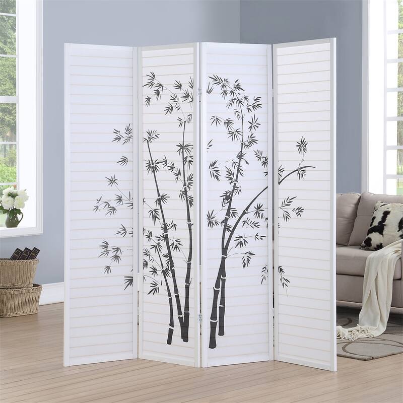 Bamboo Print 4-Panel Framed Room Screen/Divider, Black/White