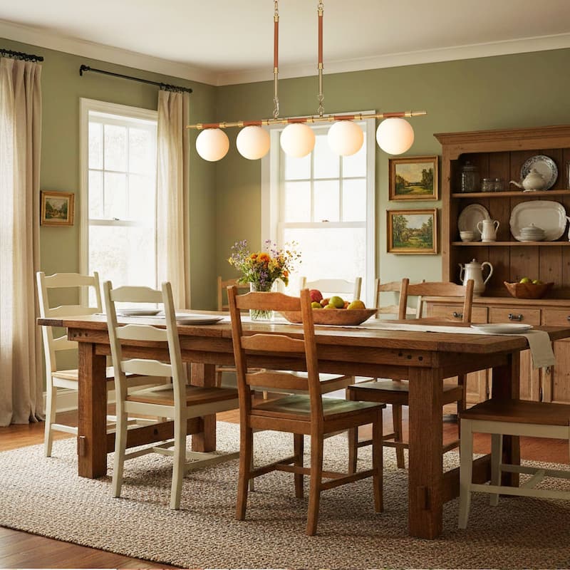 Modern French 5-Light Linear Chandelier in Brushed Brass with Textured Lychee Rods and Opal Globe Shades