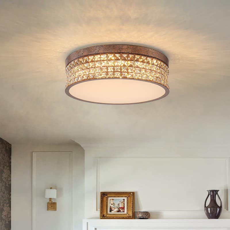 Retro French 38.6" W Antique Brass Linear Rectangle Crystal LED Flush Mount Ceiling Light - Round - 18.9" W × 18.9" D