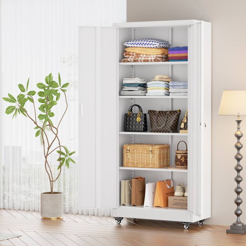 Tall Garage Storage Rolling Tool Cabinet with Locking Doors and Adjustable Shelves for Garage, Home Office, School