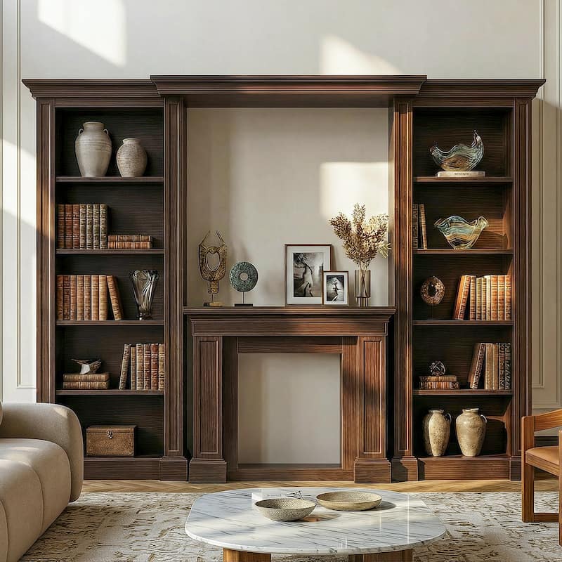 Electric Fireplace Mantel with Bookshelves, 115.5" Entertainment Center with Built-in Shelving