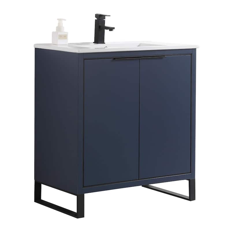 Fine Fixtures Opulence Collection Bathroom Vanity with White Ceramic Sink - 30 Inch - Navy Blue - Black Hardware