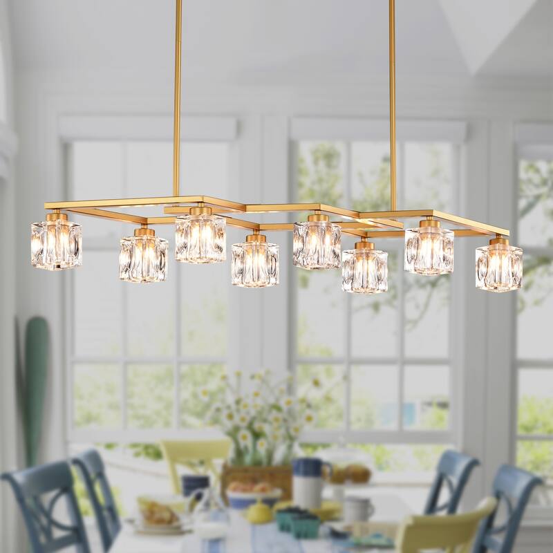 Modern 8-Light Crystal Chandelier Matte Gold Industrial Metal Chandelier, for Dining Room Kitchen, Living Room