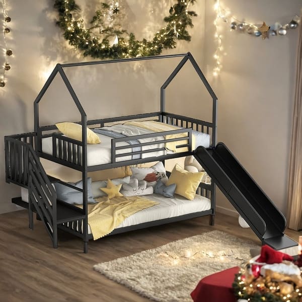 slide 2 of 14, Luxury Twin Size Metal Bunk Bed House Bed with Convertible Slide and Storage Staircase, Solid Construction, Black Black