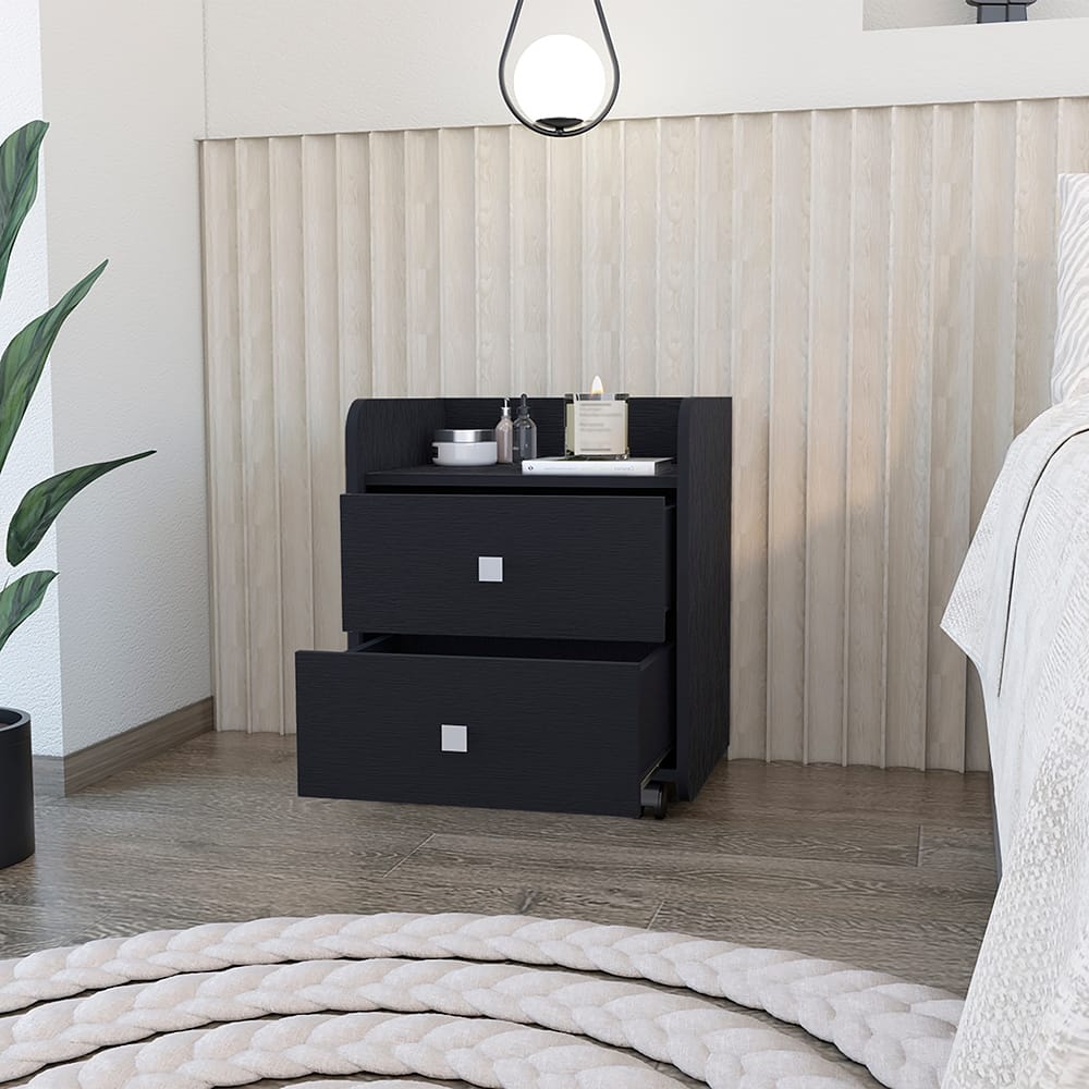 Two Drawer Nightstand with Metal Handle, Black Wengue Finish