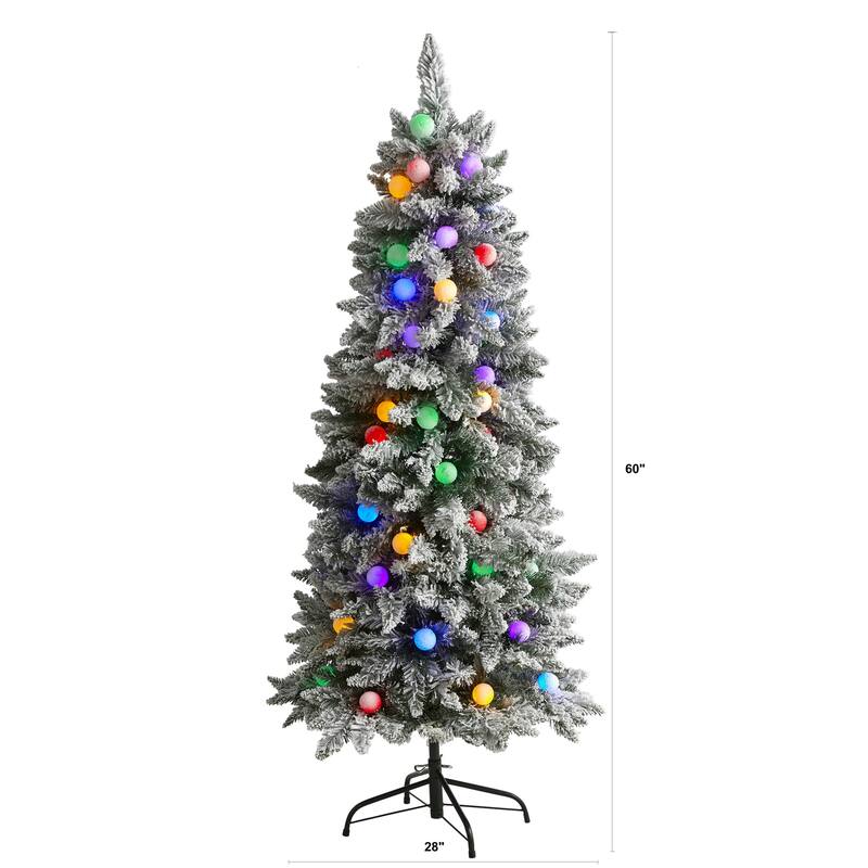 5ft. Flocked Fir Artificial Christmas Tree with 50 Multi-Color Globe Bulbs and 379 Branches - Playful X-Mas Accent Tree