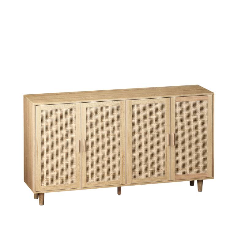62.20" Modern Rattan Decorative Storage Cabinet with Solid Wood Legs, 4 Doors, Adjustable Shelves Versatile for Home,Office