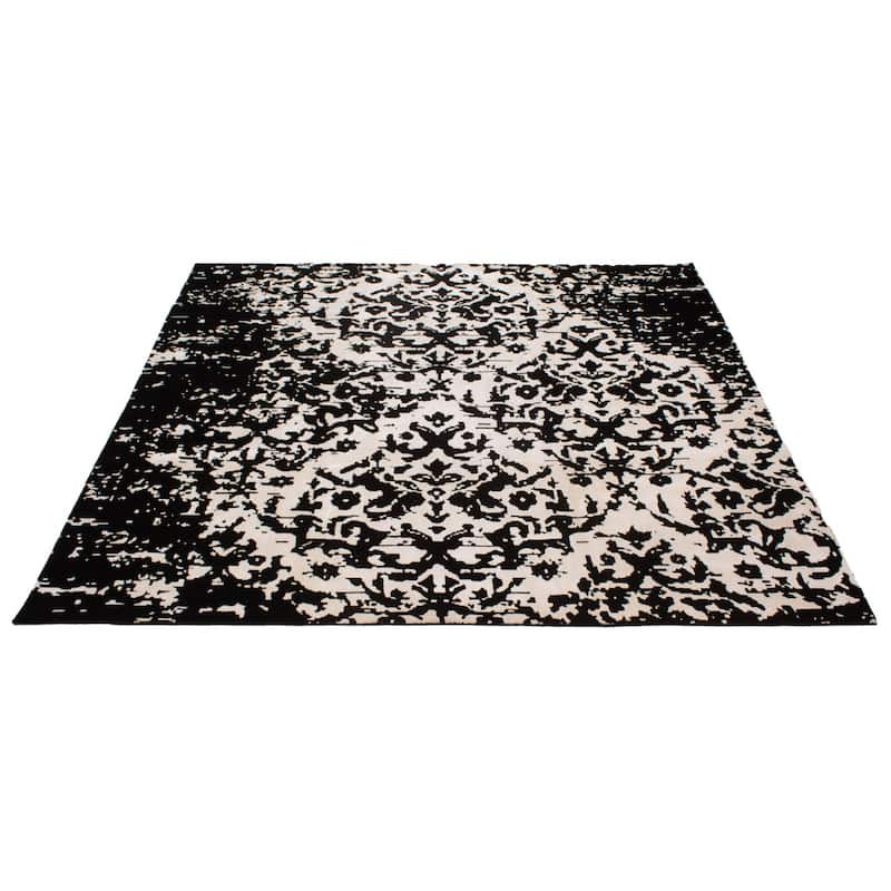 ECARPETGALLERY Hand-knotted Opulence Black, White Viscose, Wool Rug - 9'10 x 9'10
