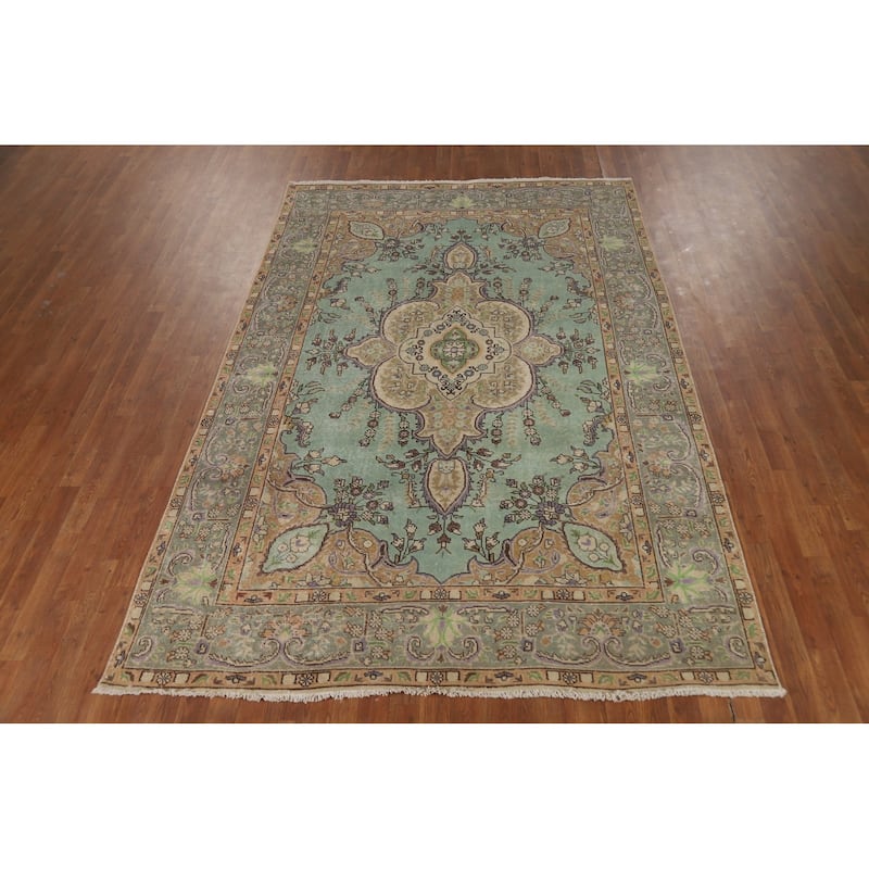 Aqua Green Medallion Tabriz Persian Area Rug Hand-Knotted Wool Carpet - 6'2"x 9'3"