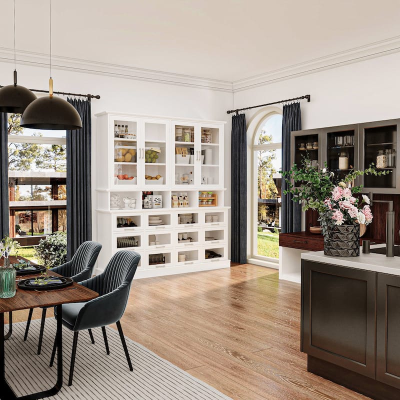 Large Kitchen Pantry Cabinet with Glass Doors and Bottom-Pull Drawers