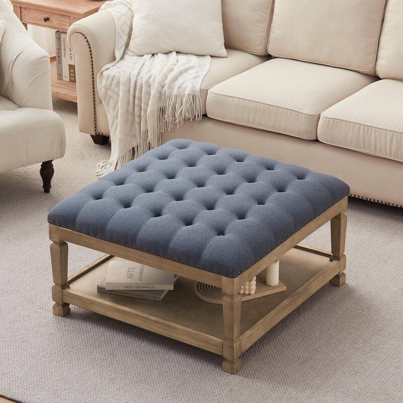 Button-Tufted Upholstered Coffee Table Ottoman with Wooden Shelf – Square Fabric Ottoman