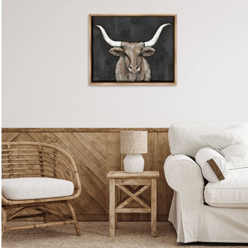Stupell Longhorn on Murky Grey Framed Floater Canvas Wall Art Design By Sara Baker