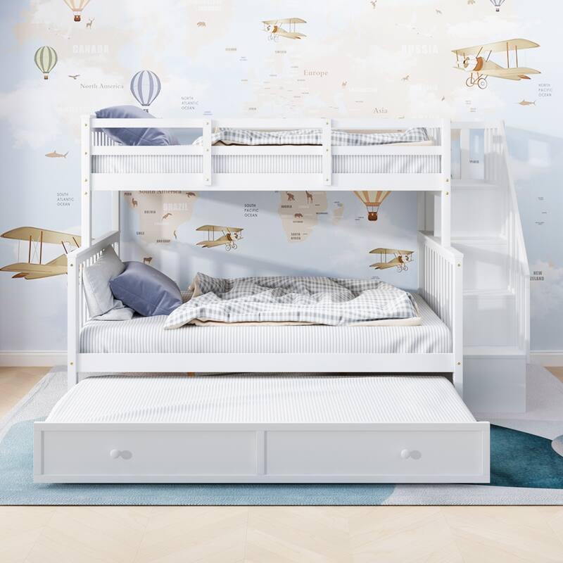 Twin Over Full Size Wood Bunk Bed with Twin size Trundle, Stairway, Storage and Guard Rail