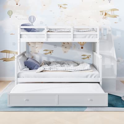 Twin Over Full Size Wood Bunk Bed with Twin size Trundle, Stairway, Storage and Guard Rail