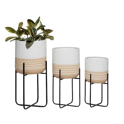 Metal Planter with Removable Stand - Set of 3 White - Roche River Decor - 14"W x 14"L x 28"H