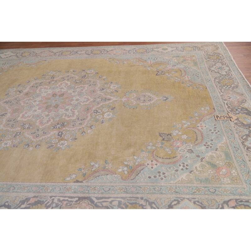 Hand Knotted Oriental 100% Wool Carpet Traditional Medallion Yellow & Gold Tabriz Area Rug - 11' 0'' X 8' 3''