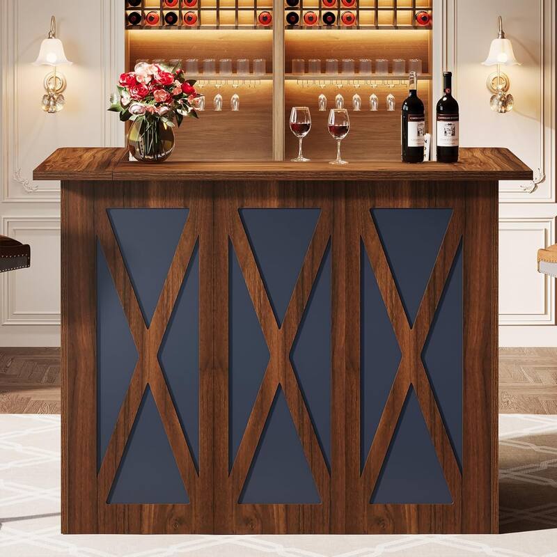 59-Inch Home Bar Unit, 43.3" H Modern Liquor Bar Table with X-Shaped Pattern, Wine Table