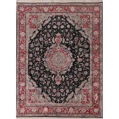 Floral Black Aubusson Chinese Area Rug Hand-Knotted Wool Carpet - 8'3"x 10'0"