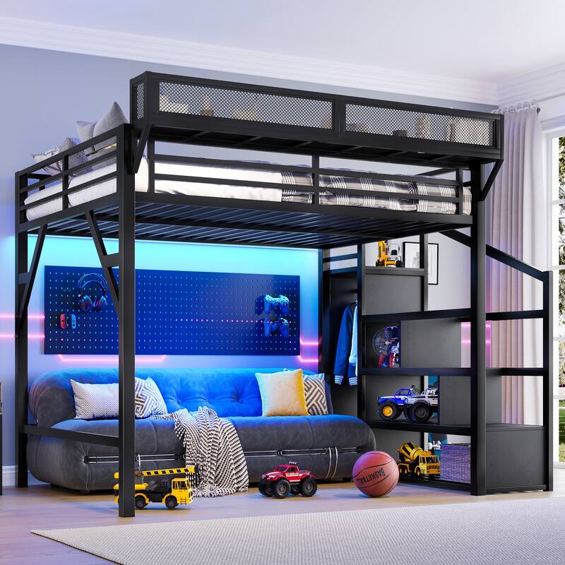 LED High Loft Bed with Charging Station, Heavy Duty Metal Loftbed Frame with Stairs, Shelves and Wardrobe