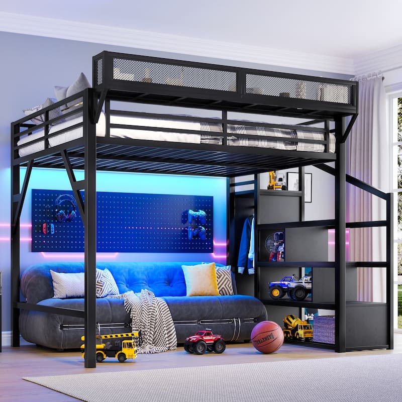 Queen Loft Bed with Storage Stairs, Shelves, Wardrobe, USB Ports, LED Lights, Black Woodgrain