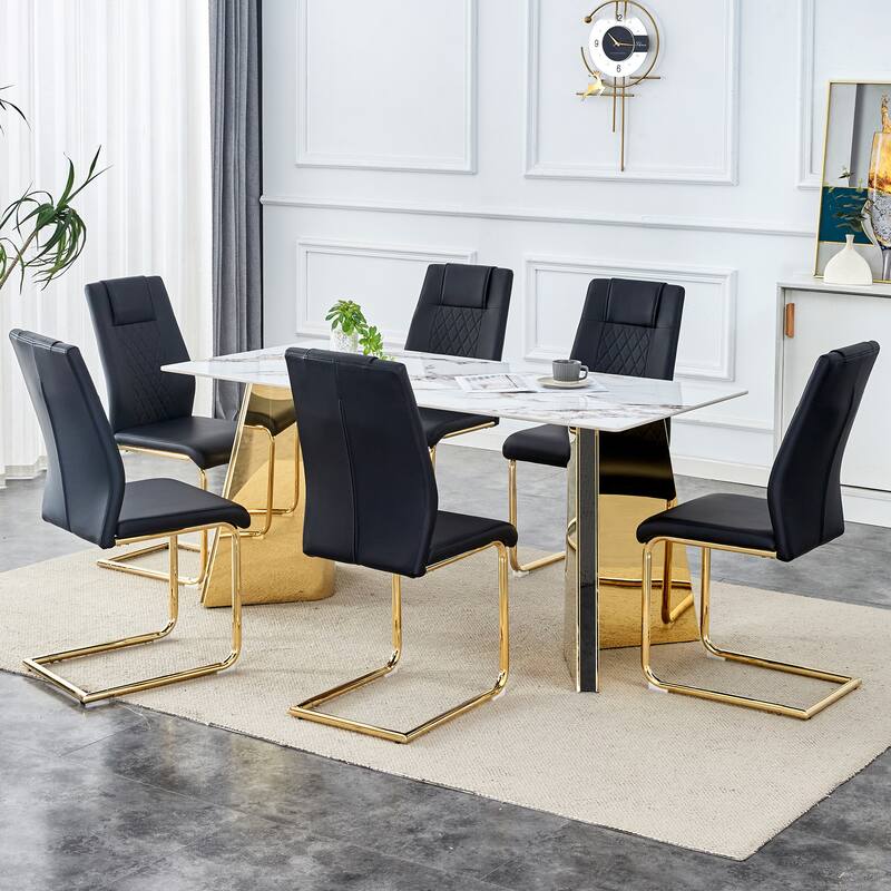 Roomfitters 7pcs Sintered Stone Dining Table Set with Golden Butterfly Legs and PU Upholstered Chairs, Black