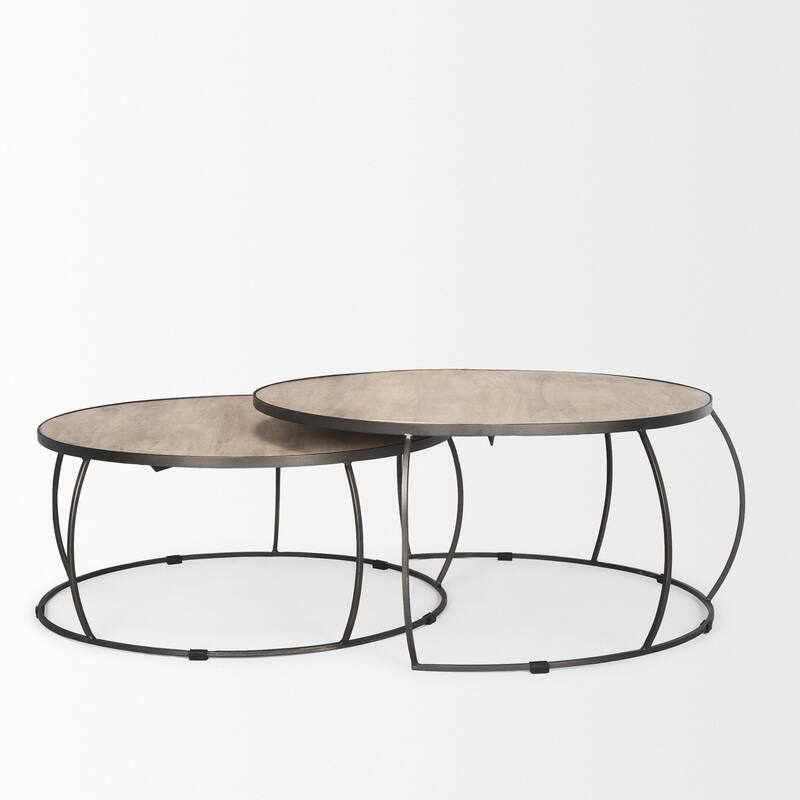 Clapp Round Light Brown W/ White Wash Wood and Silver Metal Nesting Coffee Tables (Set of 2) - 41.3L x 41.3W x 19.8H