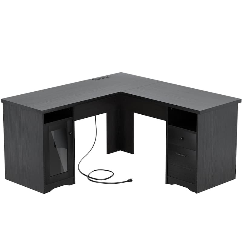Modern Farmhouse L-Shape Desk with File Cabinet and Drawers, Homer Office Executive Desk with Charge Station