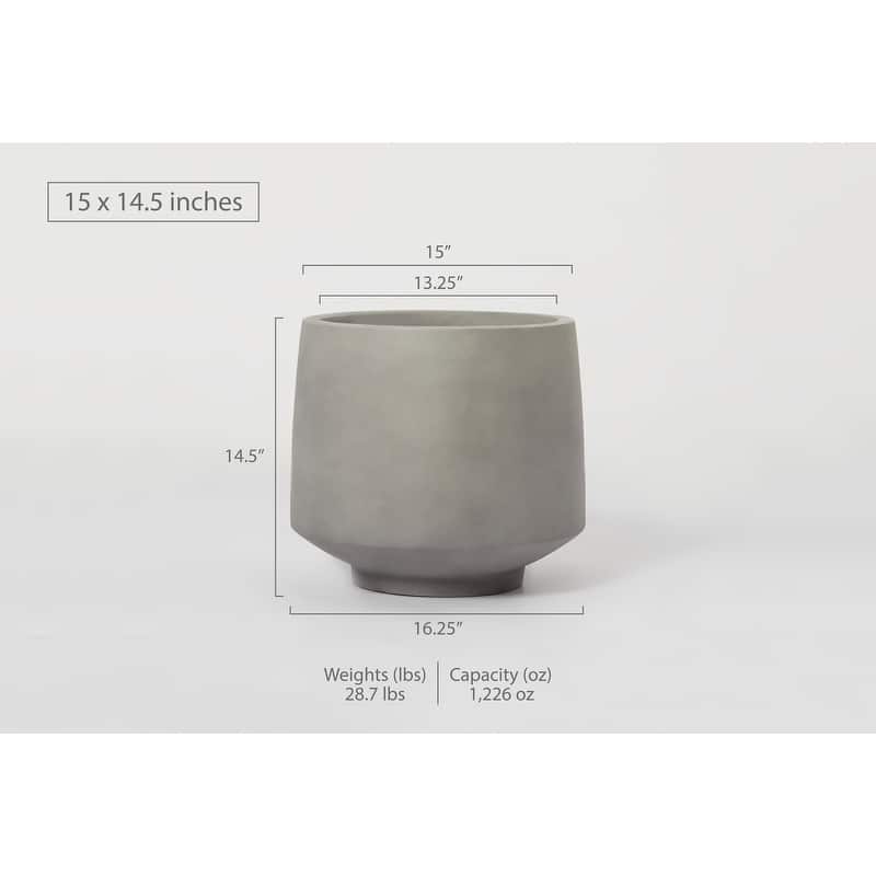 Indoor/Outdoor Large Minimalist Light Cement/ Concrete Lightweight Round Planter Pot - 15, 11 in - 14.5 In. H x 15 In. W x 15 In. L - Cement Grey