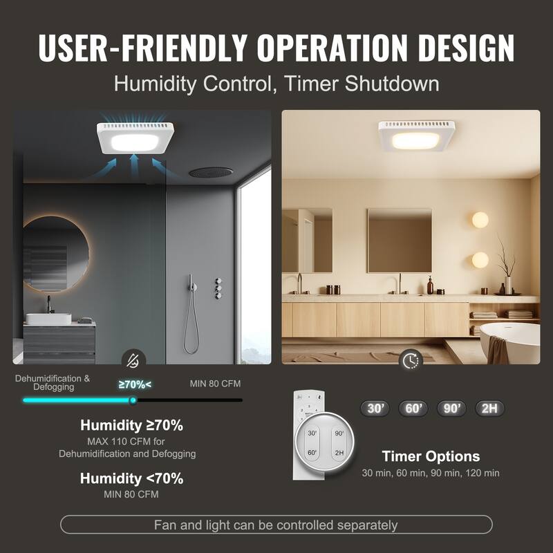 VEVOR Bathroom Exhaust Fan, 8 LED Colors,110 CFM Efficiency Ventilation