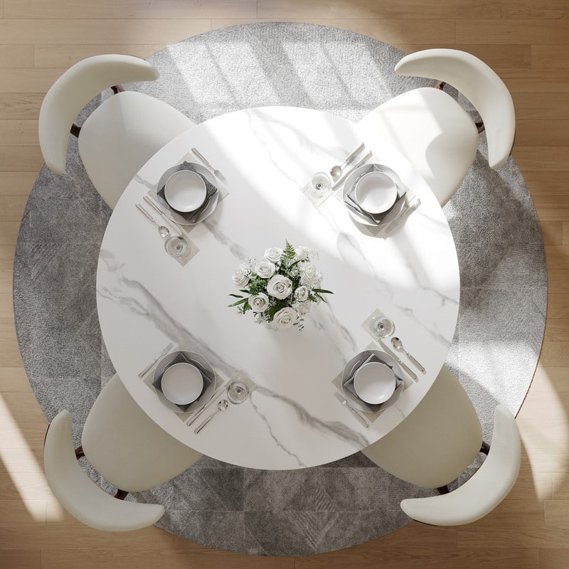 Modern Round Dining Table for Diningroom，White Glossy Stone Tabletop,Bronze Carbon Pedestal