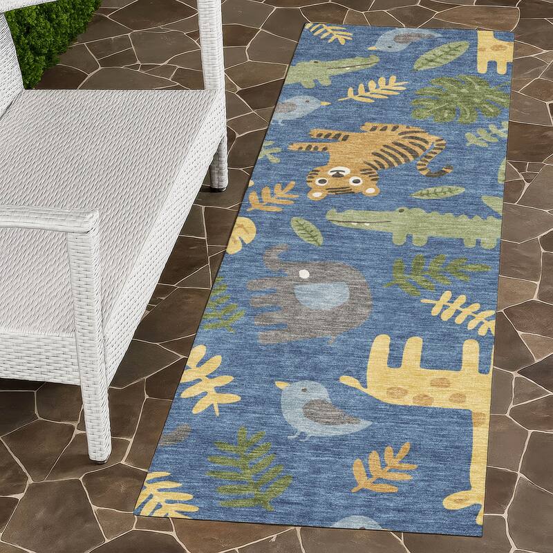 Machine Washable Indoor/ Outdoor Whimsy Safari Animals Chantille Rug - Blue - 2'3" x 7'6"