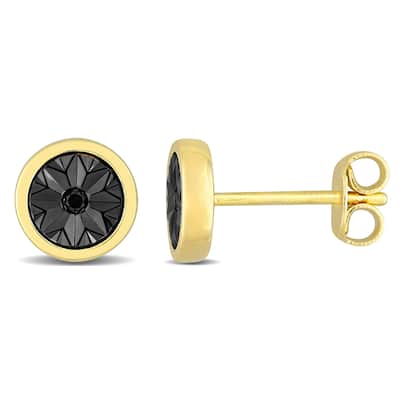 Miadora Black Diamond Accent Circle Men's Stud Earrings in Yellow Silver