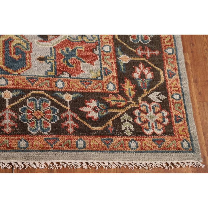 Geometric Heriz Serapi Indian Area Rug Hand-Knotted Grey Wool Carpet - 7'9"x 9'11"